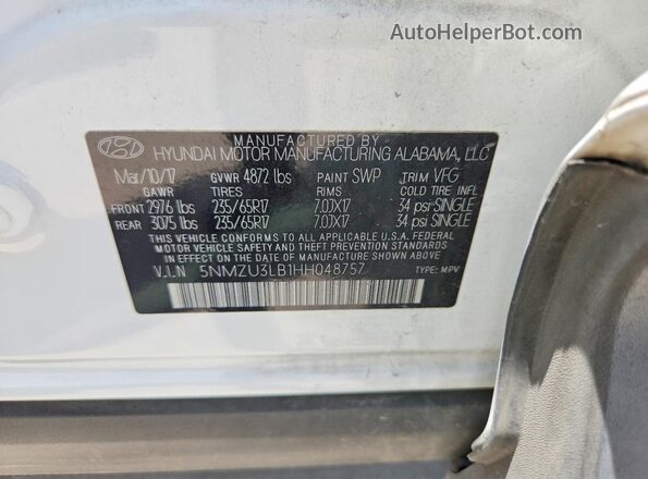 5NMZU3LB1HH048757 2017 HYUNDAI SANTA White VIN կոդի պիտակի տեսք