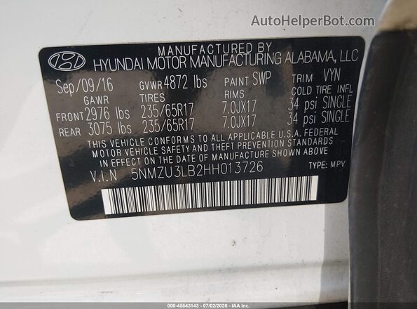 5NMZU3LB2HH013726 2017 HYUNDAI SANTA FE SPORT White ძრავის განყოფილების ხედი