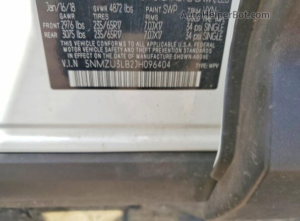 5NMZU3LB2JH096404 2018 HYUNDAI SANTA White Вид наклейки з VIN-кодом