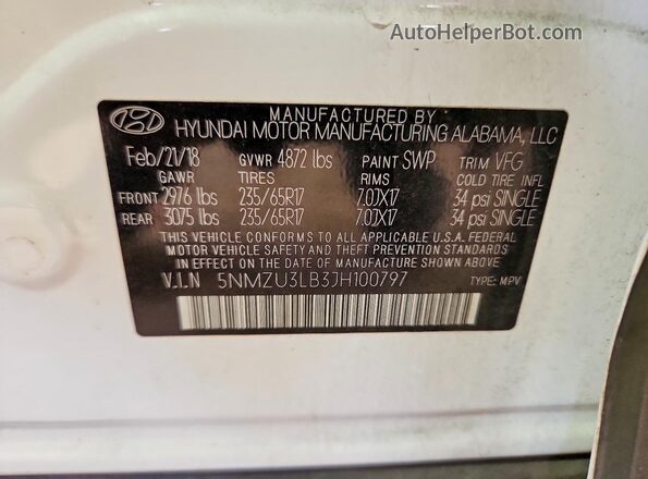 5NMZU3LB3JH100797 2018 HYUNDAI SANTA Белый Панорамный вид салона 360°