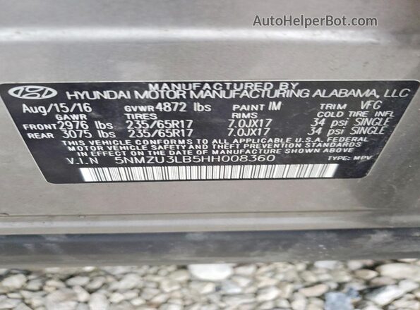 5NMZU3LB5HH008360 2017 HYUNDAI SANTA Gray Vista de la etiqueta del VIN