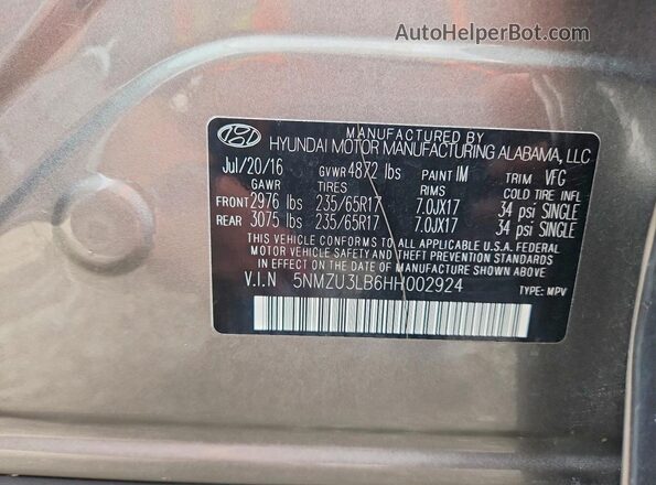5NMZU3LB6HH002924 2017 HYUNDAI SANTA Beige Vista de la etiqueta del VIN