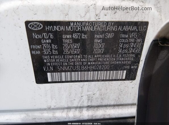 5NMZU3LB6HH028200 2017 HYUNDAI SANTA FE SPORT Белый Вид подкапотного пространства