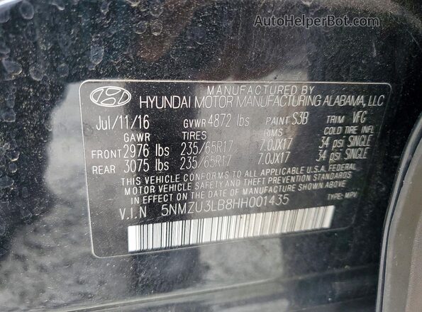 5NMZU3LB8HH001435 2017 HYUNDAI SANTA Черный Вид наклейки с VIN-кодом