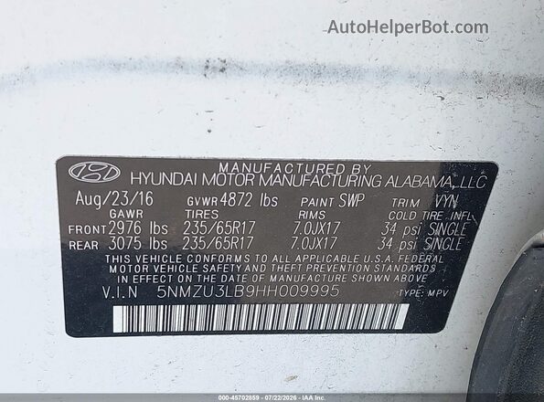 5NMZU3LB9HH009995 2017 HYUNDAI SANTA FE SPORT White Vista del compartimento del motor