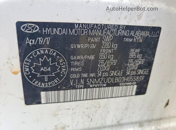 5NMZUDLB0JH055839 2018 HYUNDAI SANTA White Widok naklejki z numerem VIN