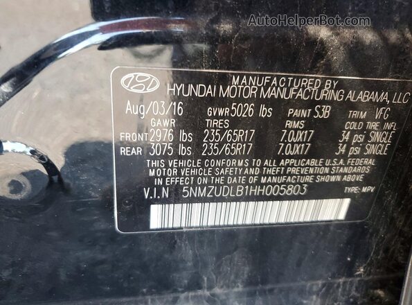5NMZUDLB1HH005803 2017 HYUNDAI SANTA Black VIN კოდის სტიკერის ხედი