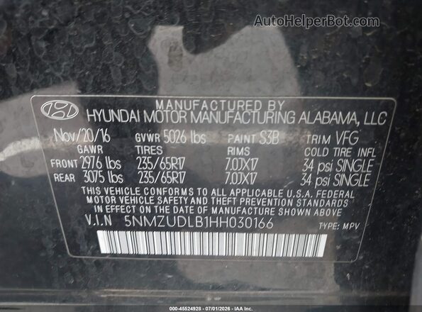 5NMZUDLB1HH030166 2017 HYUNDAI SANTA FE SPORT Черный Вид подкапотного пространства
