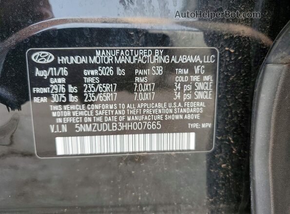 5NMZUDLB3HH007665 2017 HYUNDAI SANTA Black VIN կոդի պիտակի տեսք