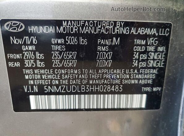5NMZUDLB3HH028483 2017 HYUNDAI SANTA Серый Вид наклейки с VIN-кодом