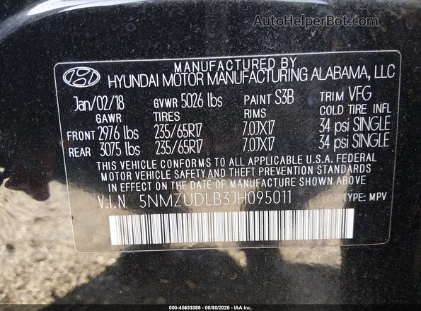 5NMZUDLB3JH095011 2018 HYUNDAI SANTA FE SPORT Black Engine compartment view