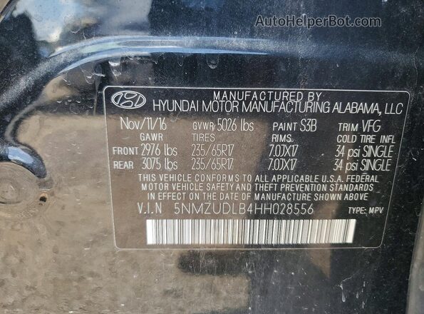5NMZUDLB4HH028556 2017 HYUNDAI SANTA Black Widok naklejki z numerem VIN