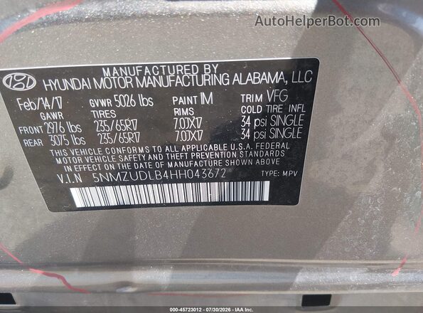 5NMZUDLB4HH043672 2017 HYUNDAI SANTA FE SPORT Silver Widok komory silnika