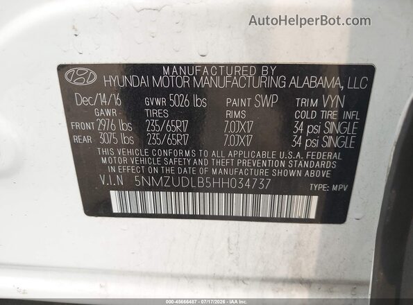 5NMZUDLB5HH034737 2017 HYUNDAI SANTA FE SPORT White Вид підкапотного простору