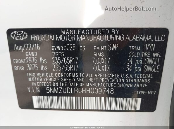 5NMZUDLB6HH009748 2017 HYUNDAI SANTA FE SPORT White Շարժիչի բաժամունքի տեսք