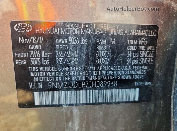 5NMZUDLB7JH089938 2018 HYUNDAI SANTA Beige VIN կոդի պիտակի տեսք