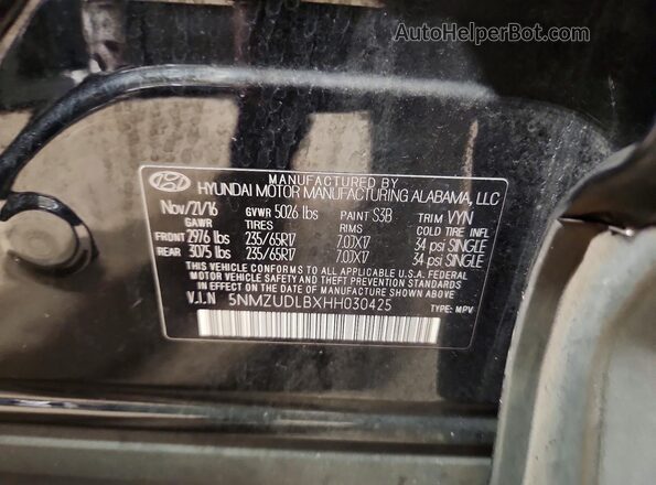 5NMZUDLBXHH030425 2017 HYUNDAI SANTA Black Vista de la etiqueta del VIN