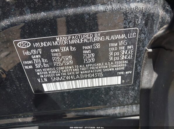 5NMZW4LA3HH043115 2017 HYUNDAI SANTA FE SPORT Черный Вид подкапотного пространства