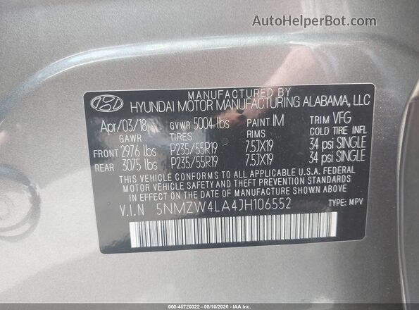 5NMZW4LA4JH106552 2018 HYUNDAI SANTA FE SPORT Silver Շարժիչի բաժամունքի տեսք