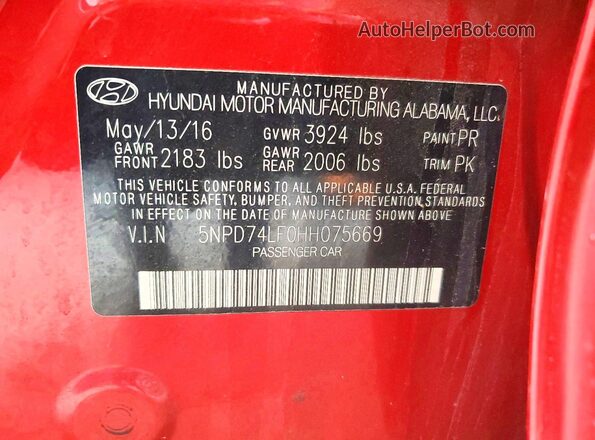 5NPD74LF0HH075669 2017 HYUNDAI ELANTRA Красный Вид подкапотного пространства