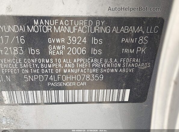 5NPD74LF0HH078359 2017 HYUNDAI ELANTRA Gray Вид підкапотного простору