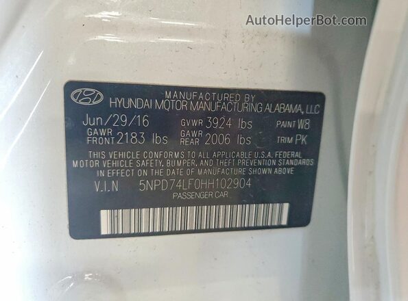 5NPD74LF0HH102904 2017 HYUNDAI ELANTRA White Vista de la etiqueta del VIN