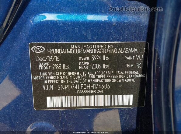 5NPD74LF0HH174606 2017 HYUNDAI ELANTRA Blue ძრავის განყოფილების ხედი