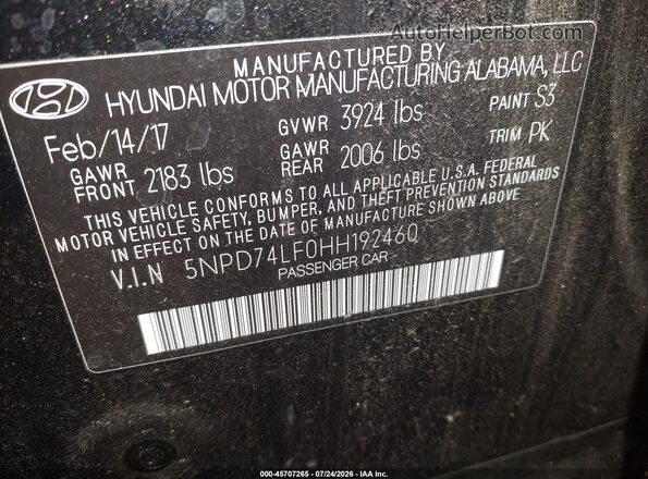 5NPD74LF0HH192460 2017 HYUNDAI ELANTRA Black Вид підкапотного простору