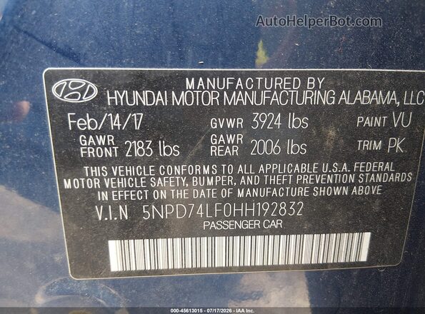 5NPD74LF0HH192832 2017 HYUNDAI ELANTRA Синий Вид подкапотного пространства