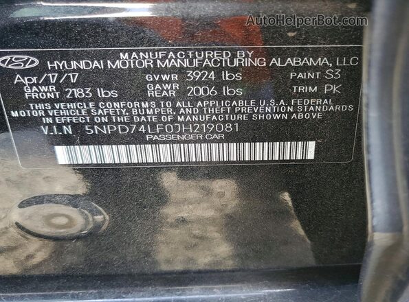 5NPD74LF0JH219081 2018 HYUNDAI ELANTRA Black Vista de la etiqueta del VIN