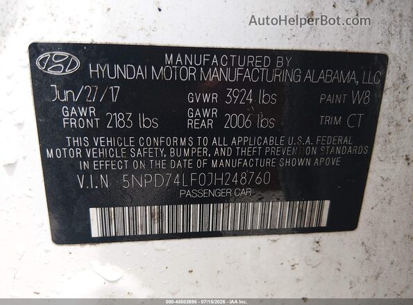 5NPD74LF0JH248760 2018 HYUNDAI ELANTRA White Widok komory silnika
