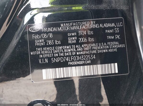 5NPD74LF0JH322534 2018 HYUNDAI ELANTRA Black Vista del compartimento del motor