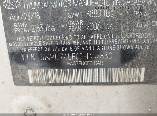 5NPD74LF0JH352830 2018 HYUNDAI ELANTRA Silver Widok komory silnika