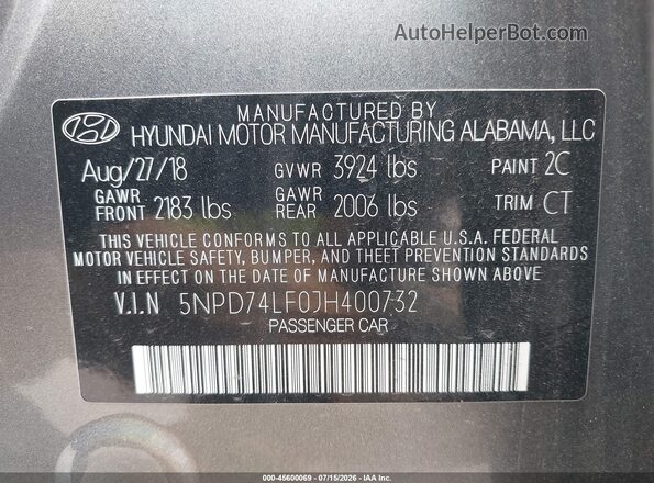 5NPD74LF0JH400732 2018 HYUNDAI ELANTRA Gray ძრავის განყოფილების ხედი