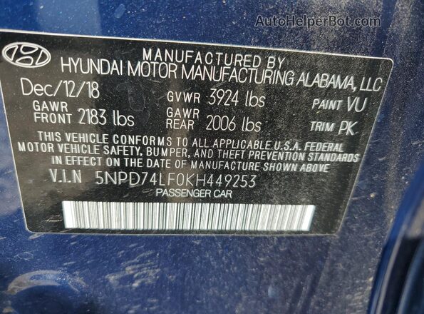 5NPD74LF0KH449253 2019 HYUNDAI ELANTRA Blue Widok komory silnika
