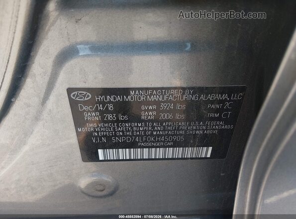 5NPD74LF0KH450905 2019 HYUNDAI ELANTRA Silver Widok komory silnika