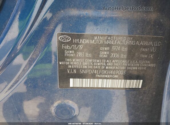 5NPD74LF0KH469003 2019 HYUNDAI ELANTRA Синий Вид подкапотного пространства