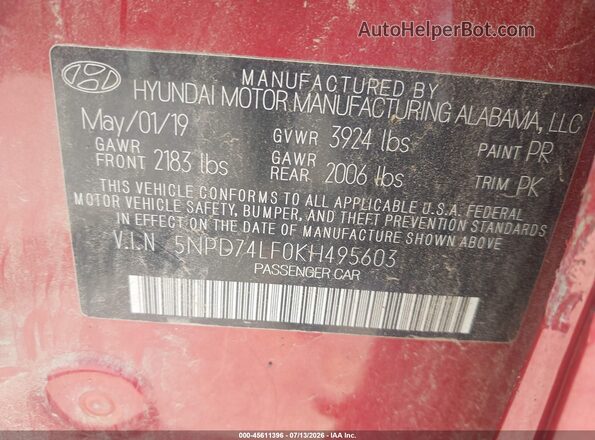 5NPD74LF0KH495603 2019 HYUNDAI ELANTRA Red Շարժիչի բաժամունքի տեսք