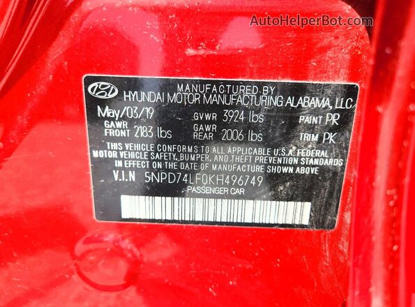5NPD74LF0KH496749 2019 HYUNDAI ELANTRA Red Widok komory silnika