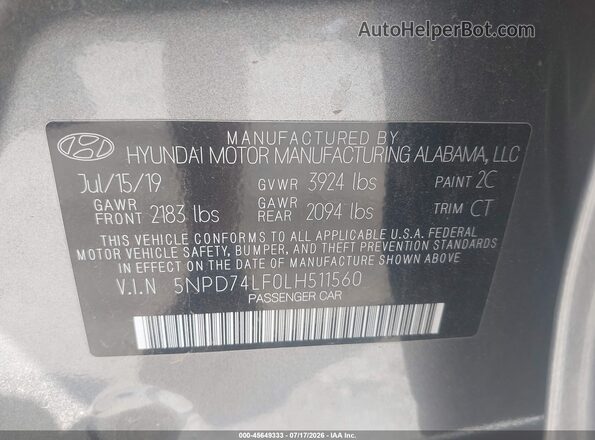 5NPD74LF0LH511560 2020 HYUNDAI ELANTRA Gray ძრავის განყოფილების ხედი