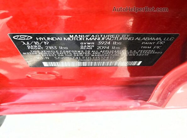 5NPD74LF0LH512417 2020 HYUNDAI ELANTRA Red Շարժիչի բաժամունքի տեսք