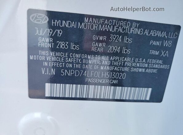 5NPD74LF0LH513020 2020 HYUNDAI ELANTRA Белый Вид наклейки с VIN-кодом