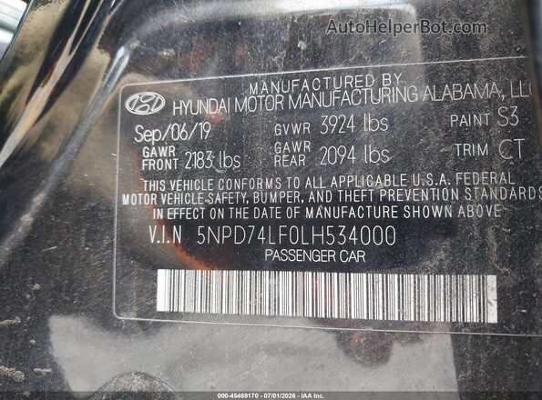 5NPD74LF0LH534000 2020 HYUNDAI ELANTRA Black Вид підкапотного простору