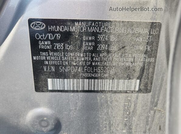 5NPD74LF0LH552013 2020 HYUNDAI ELANTRA Gray VIN კოდის სტიკერის ხედი