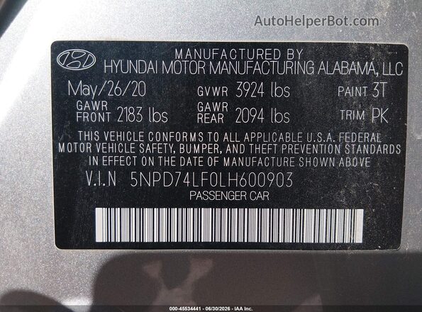 5NPD74LF0LH600903 2020 HYUNDAI ELANTRA Silver Widok komory silnika