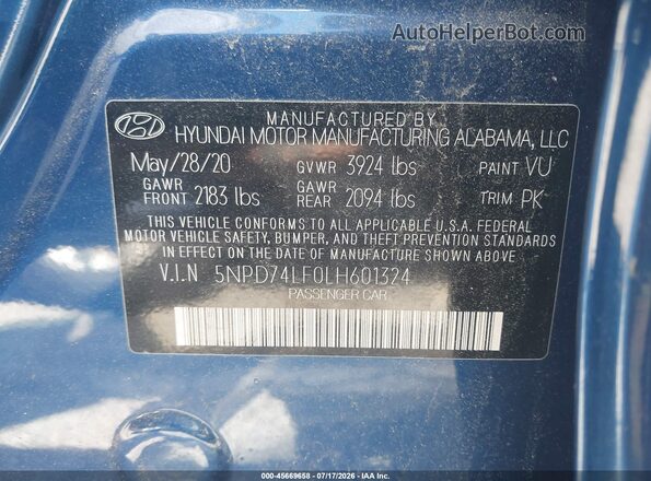 5NPD74LF0LH601324 2020 HYUNDAI ELANTRA Blue Вид підкапотного простору