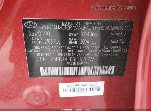 5NPD74LF0LH601727 2020 HYUNDAI ELANTRA Red Vista del compartimento del motor