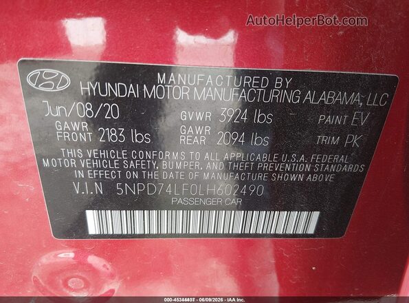 5NPD74LF0LH602490 2020 HYUNDAI ELANTRA Red ძრავის განყოფილების ხედი