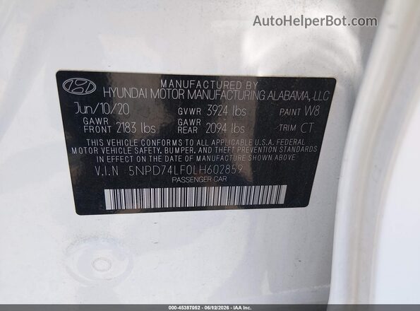 5NPD74LF0LH602859 2020 HYUNDAI ELANTRA White Widok komory silnika