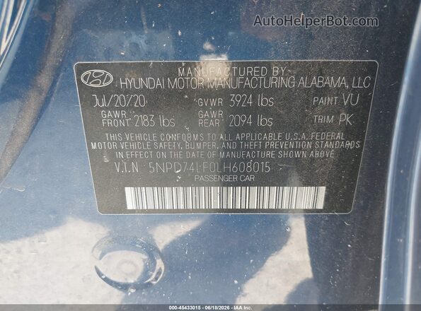 5NPD74LF0LH608015 2020 HYUNDAI ELANTRA Blue ძრავის განყოფილების ხედი